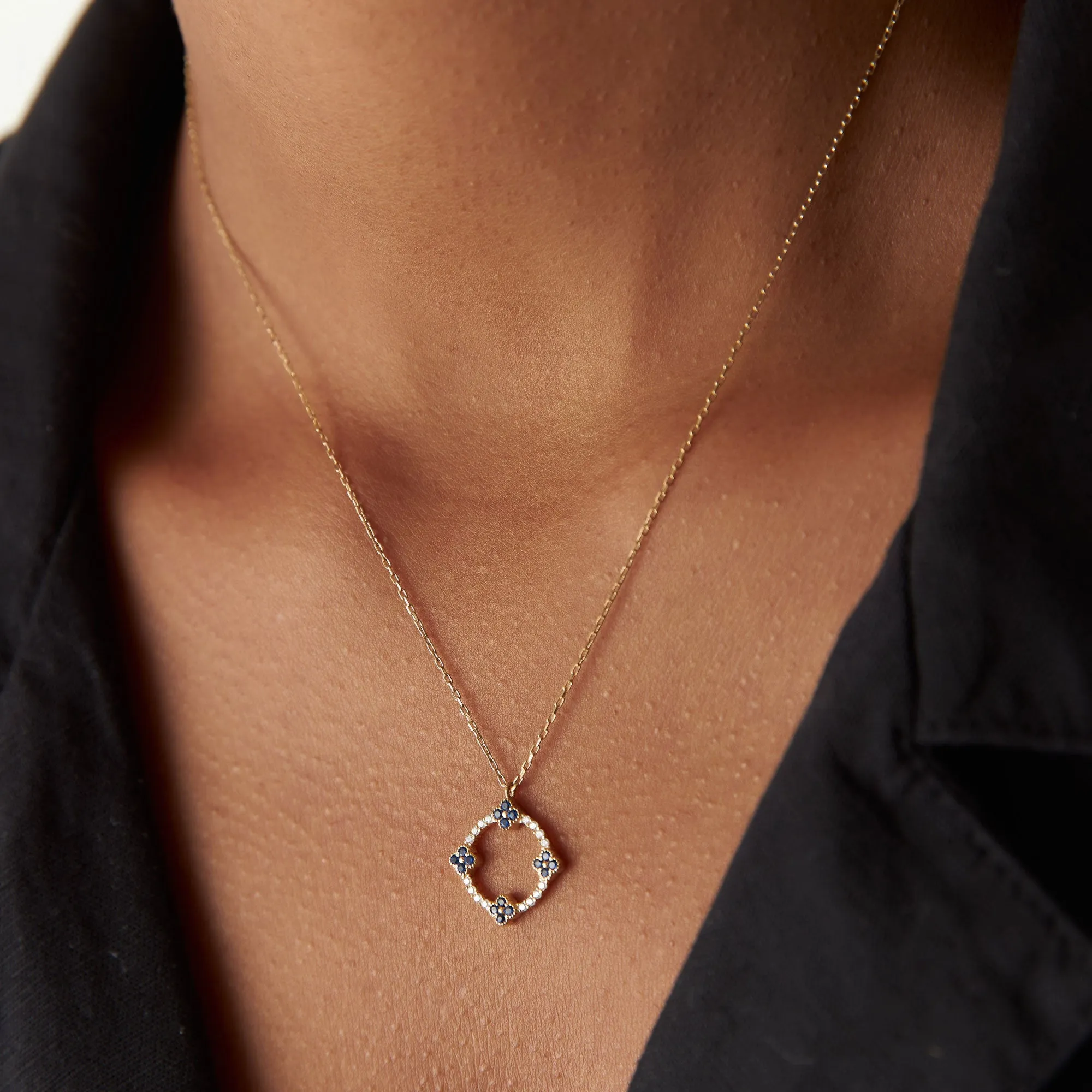 14k Diamond and Sapphire Clover Necklace