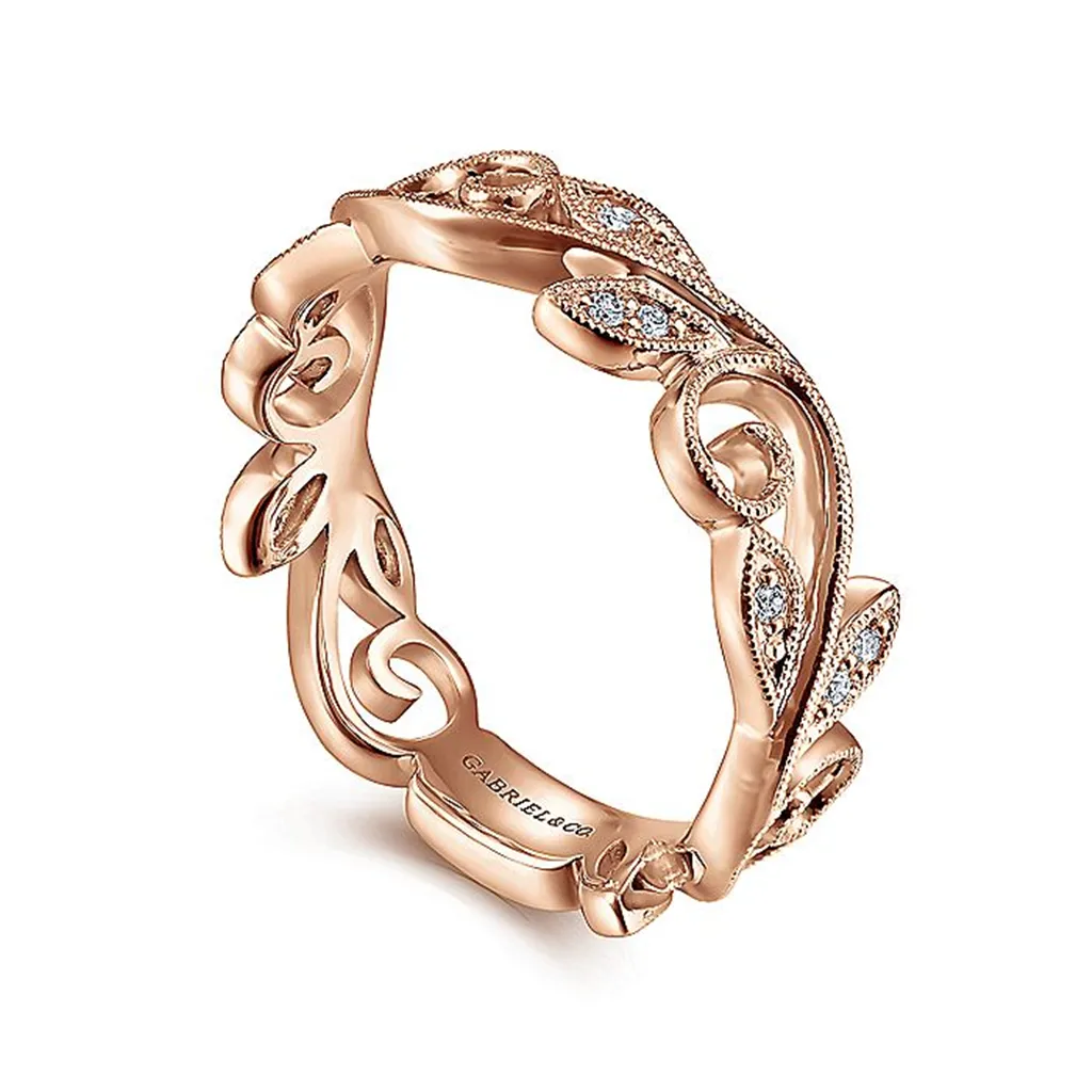 14K Rose Gold Scrolling Floral Diamond Ring