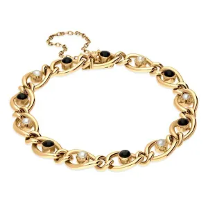 15ct Yellow Gold Whitby Jet Pearl Oval Twist Link Bracelet D