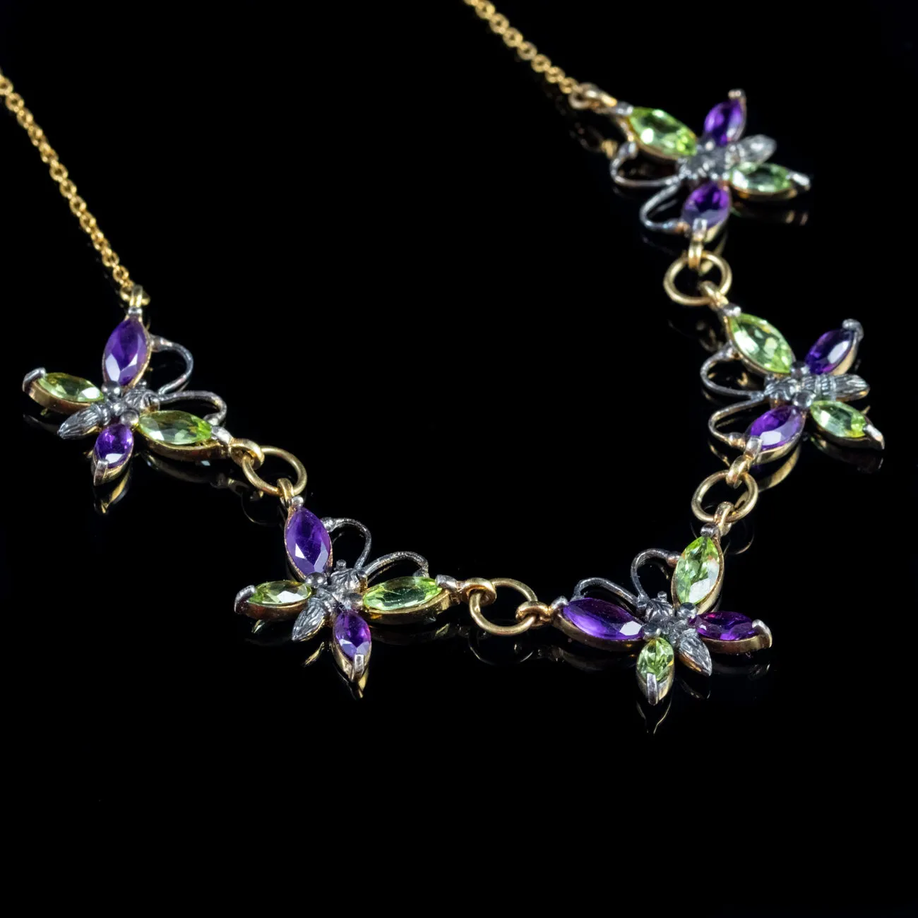 Amethyst Peridot Butterfly Necklace 9Ct Yellow Gold Silver