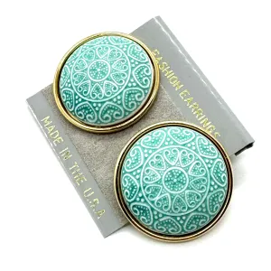 Aqua & Gold Hearts Scrolled Heart Studs - Kooky Deadstock Earrings