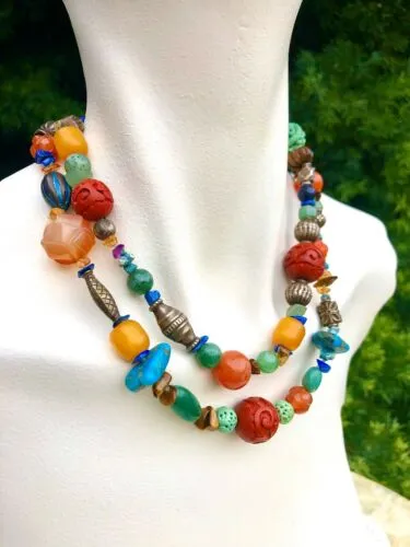 Artisan Carnelian Multicolor Stone Cinnabar Tigers eye Turquoise Bead Necklace