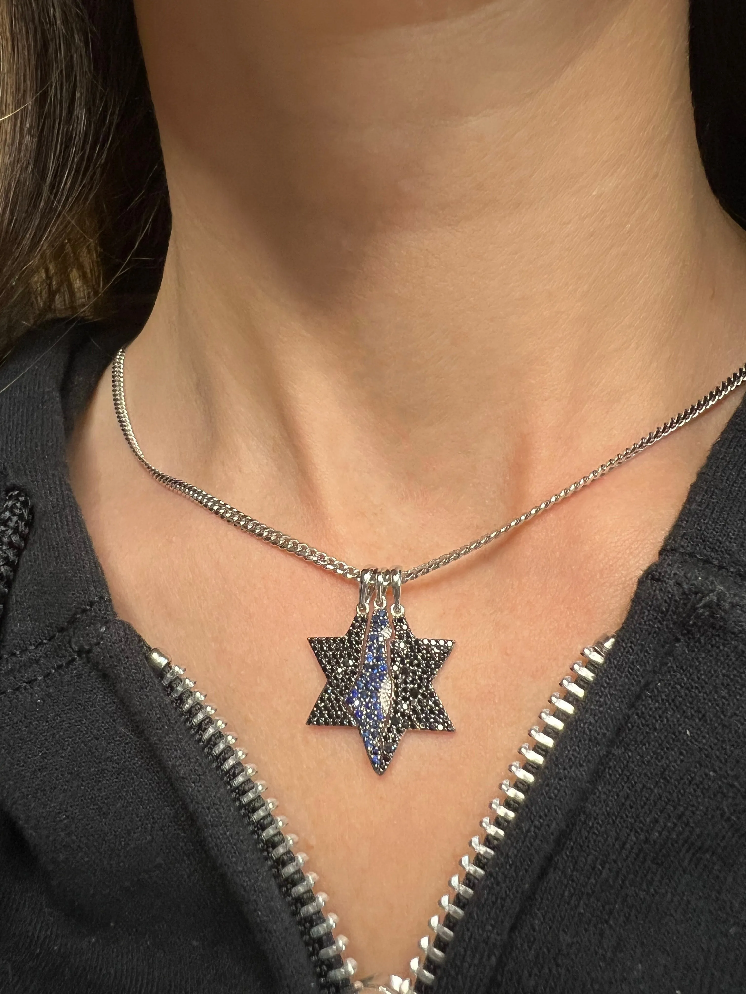 Black diamond and Star of David necklace with blue sapphire Israel map