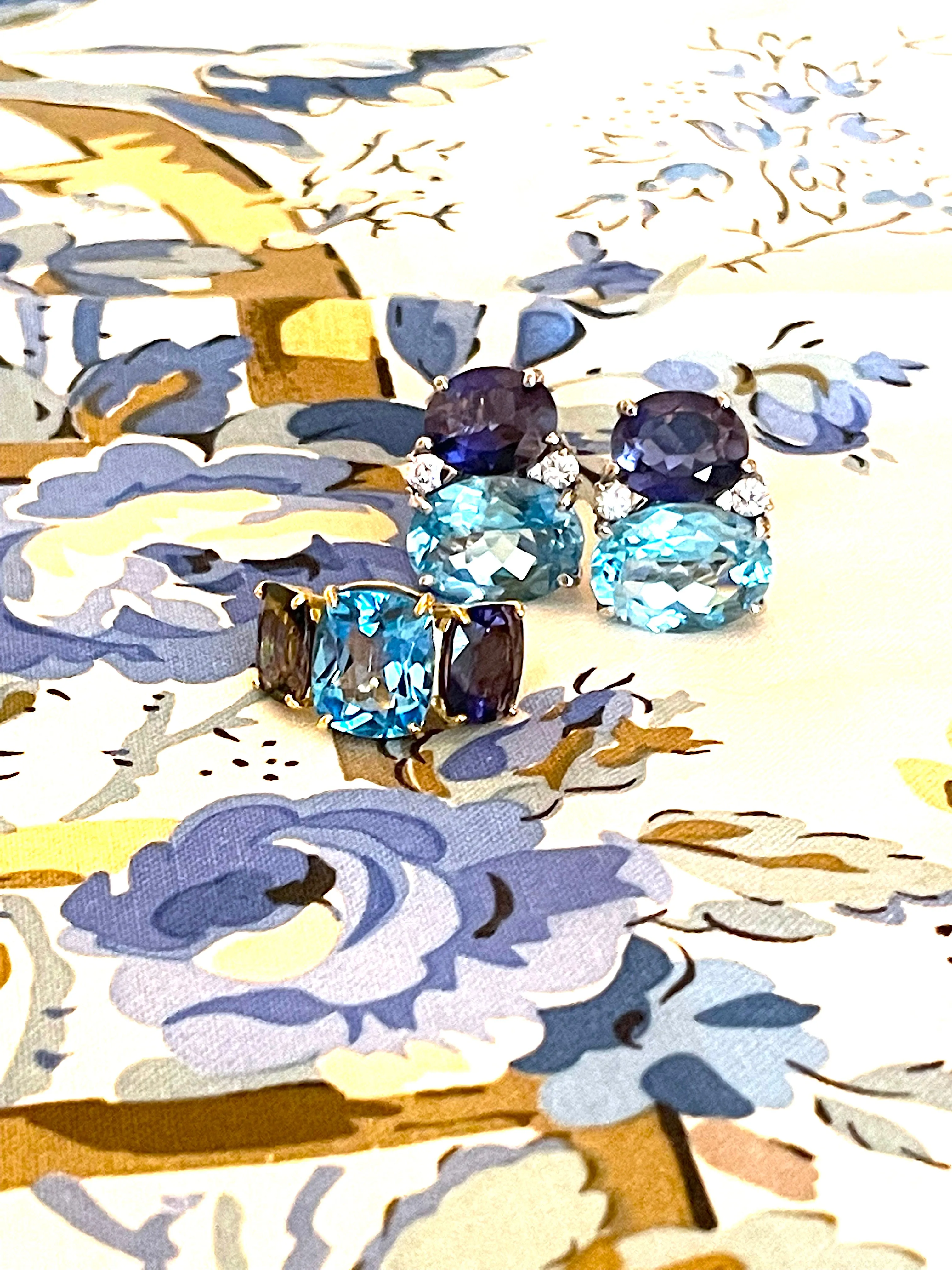 Blue Topaz and Iolite Three Stone Cushion Cut Ring