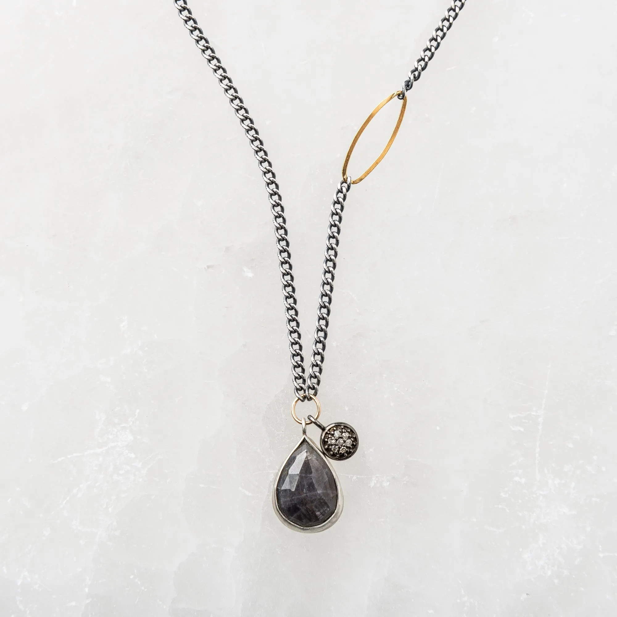 Chocolate Sapphire Pear Necklace with Pave Diamond Charm