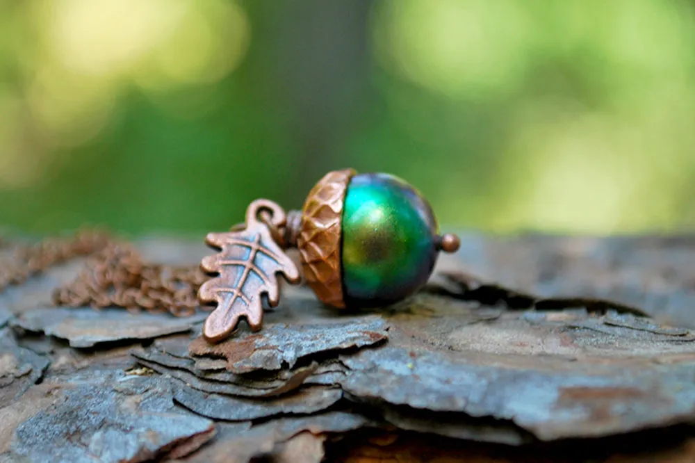 Copper Beetle Magic Acorn Necklace | Iridescent Rainbow Green Acorn Pendant | Forest Nature Jewelry