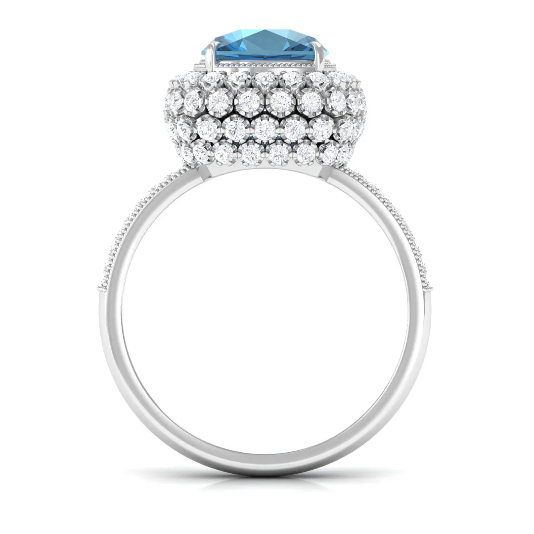 Cushion Cut London Blue Topaz Statement Engagement Ring with Moissanite