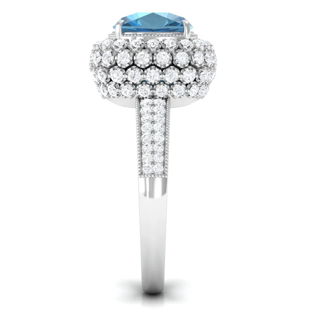 Cushion Cut London Blue Topaz Statement Engagement Ring with Moissanite