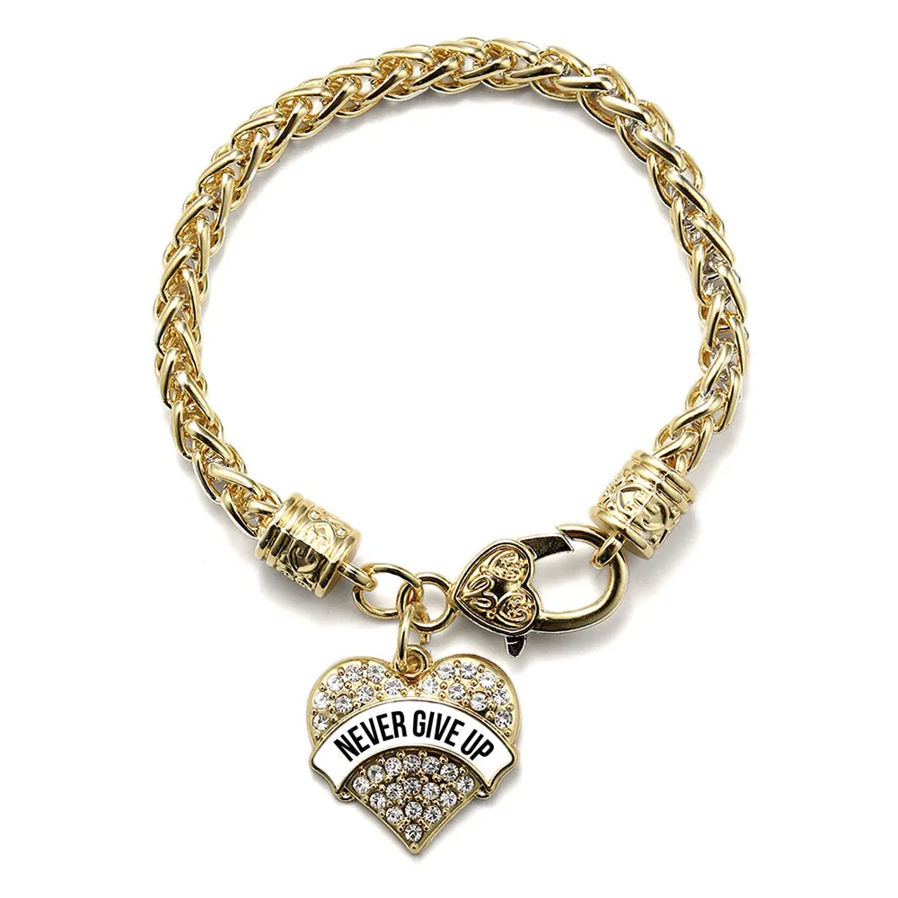 Gold White Banner Never Give Up Pave Heart Charm Braided Bracelet