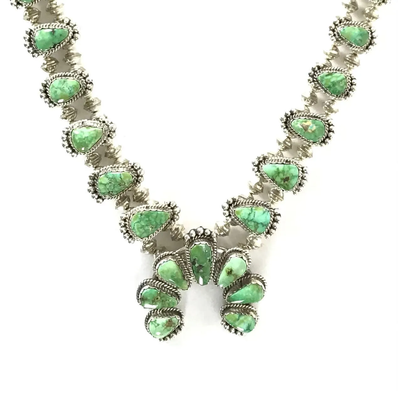 Julia Etsitty Green Turquoise Squash Blossom Necklace and Earring Set