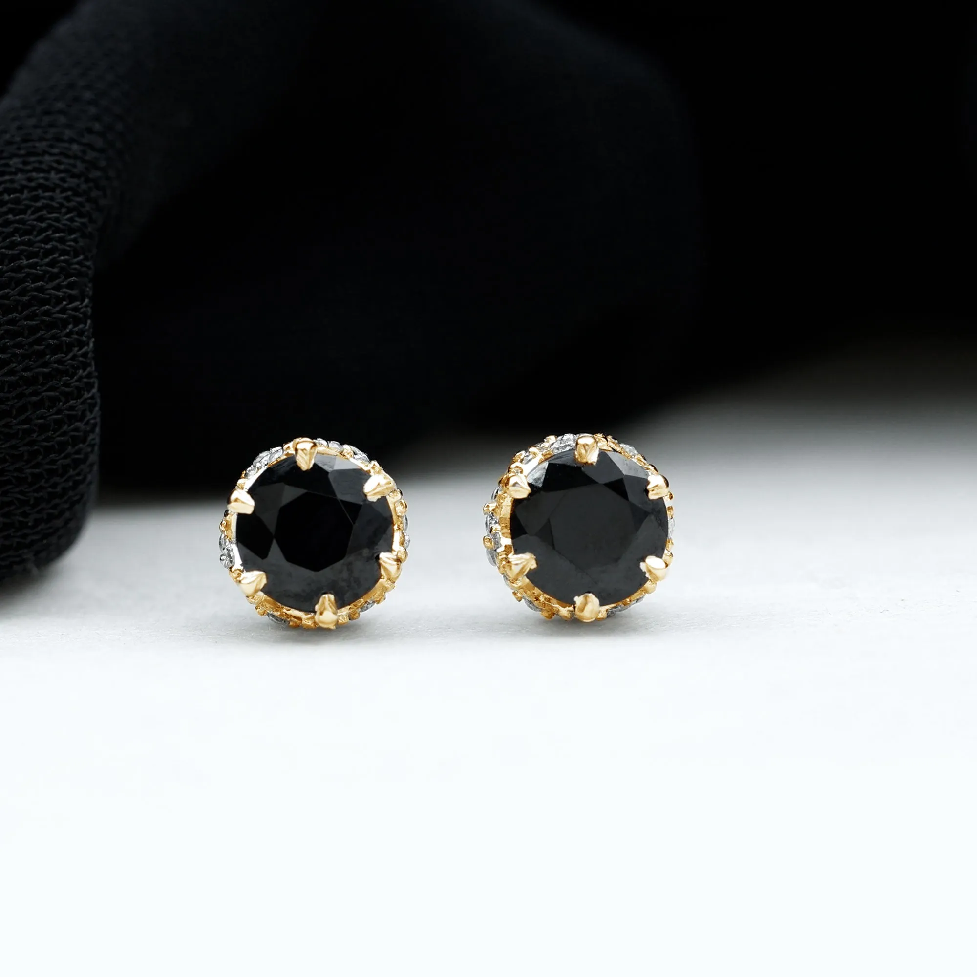 Lotus Basket Set Black Onyx Solitaire Stud Earrings with Diamond Accent