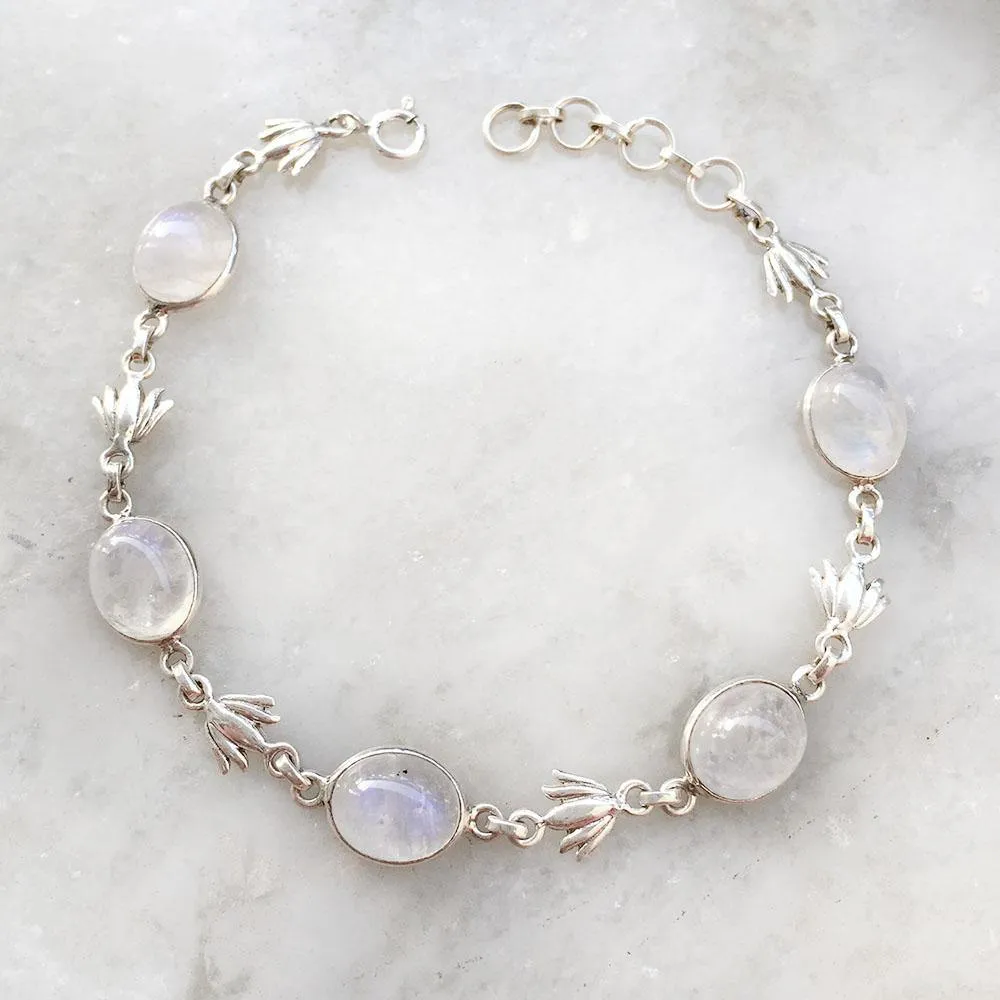 Lotus Rainbow Moonstone Silver Bracelet