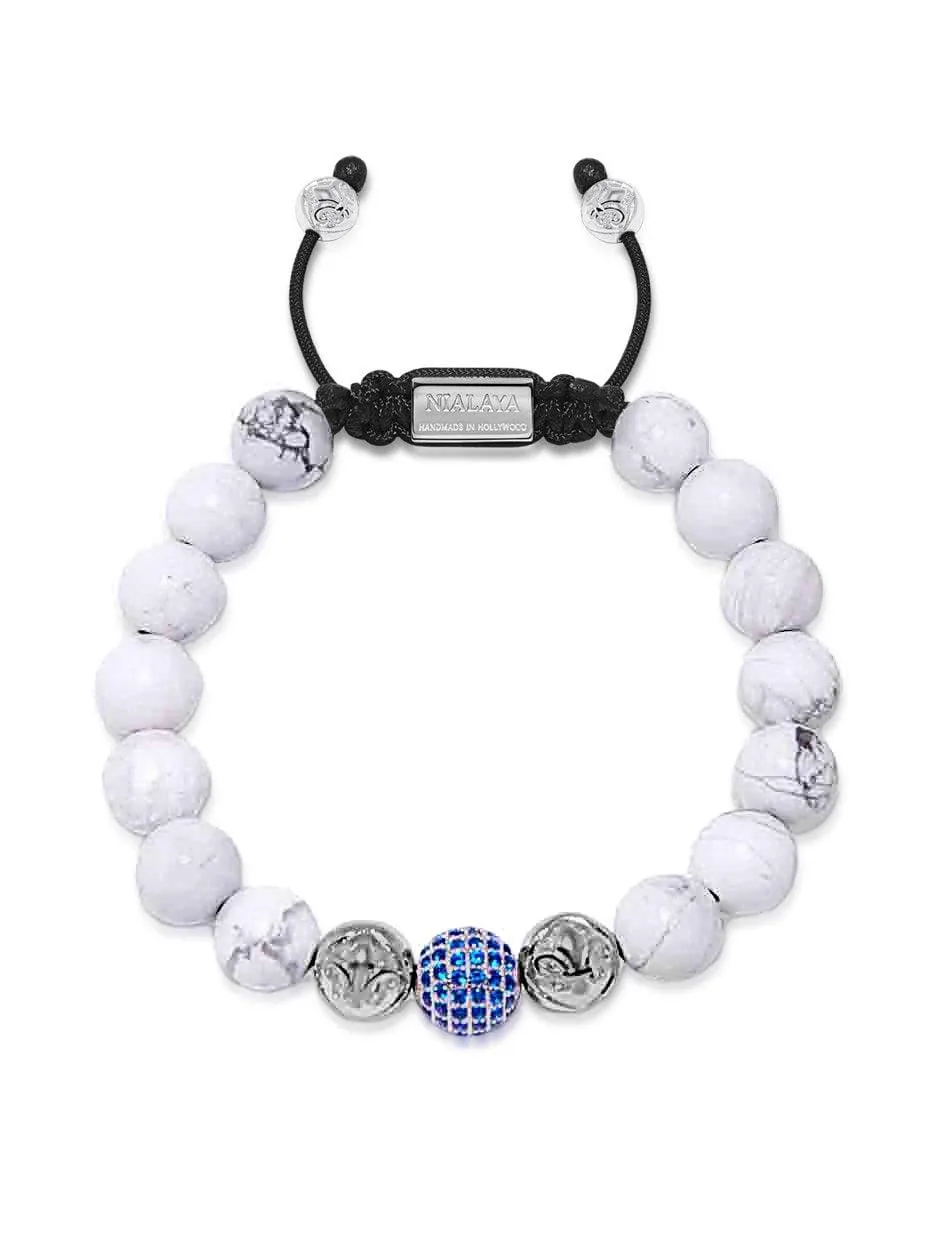 Men's Beaded Bracelet with Howlite, Silver and Blue CZ Diamond