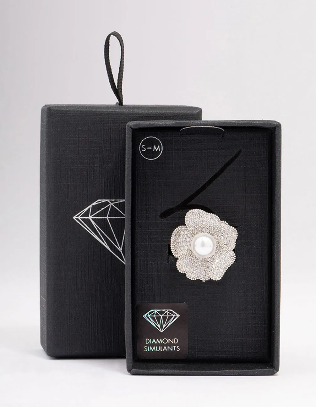 Rhodium Large Flower & Pearl Ring