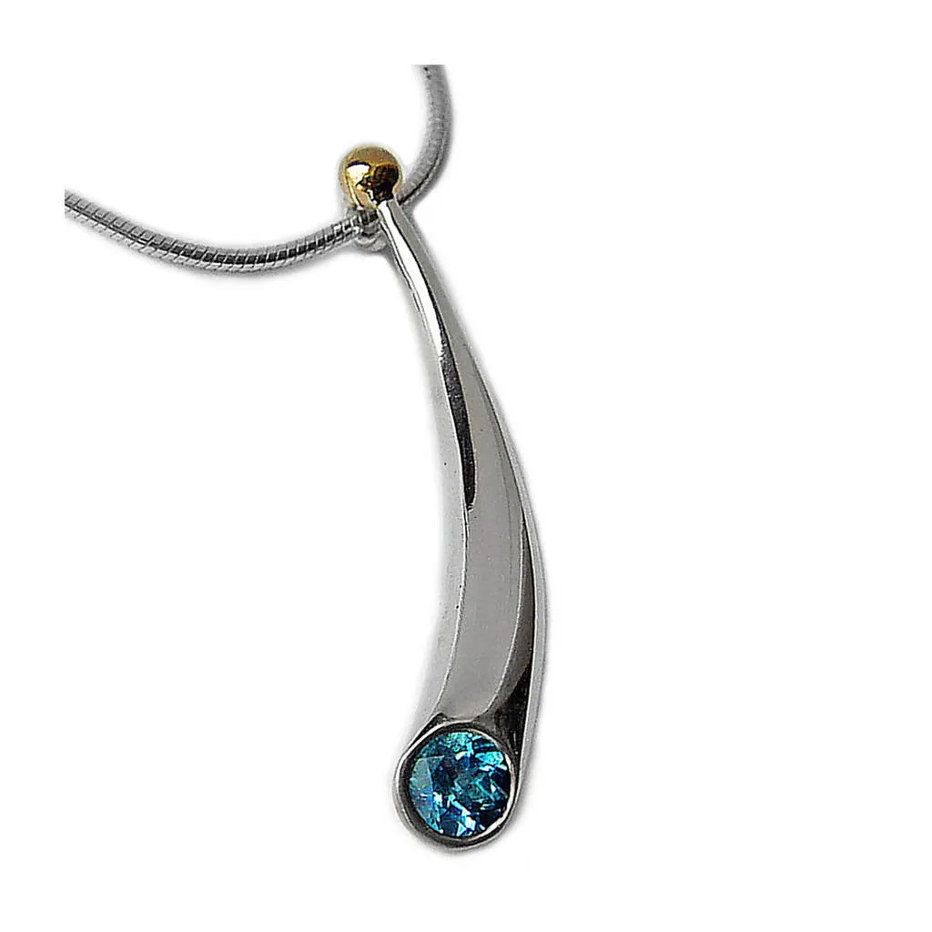 Short curved silver wiggly pendant with blue topaz & 18ct gold bead
