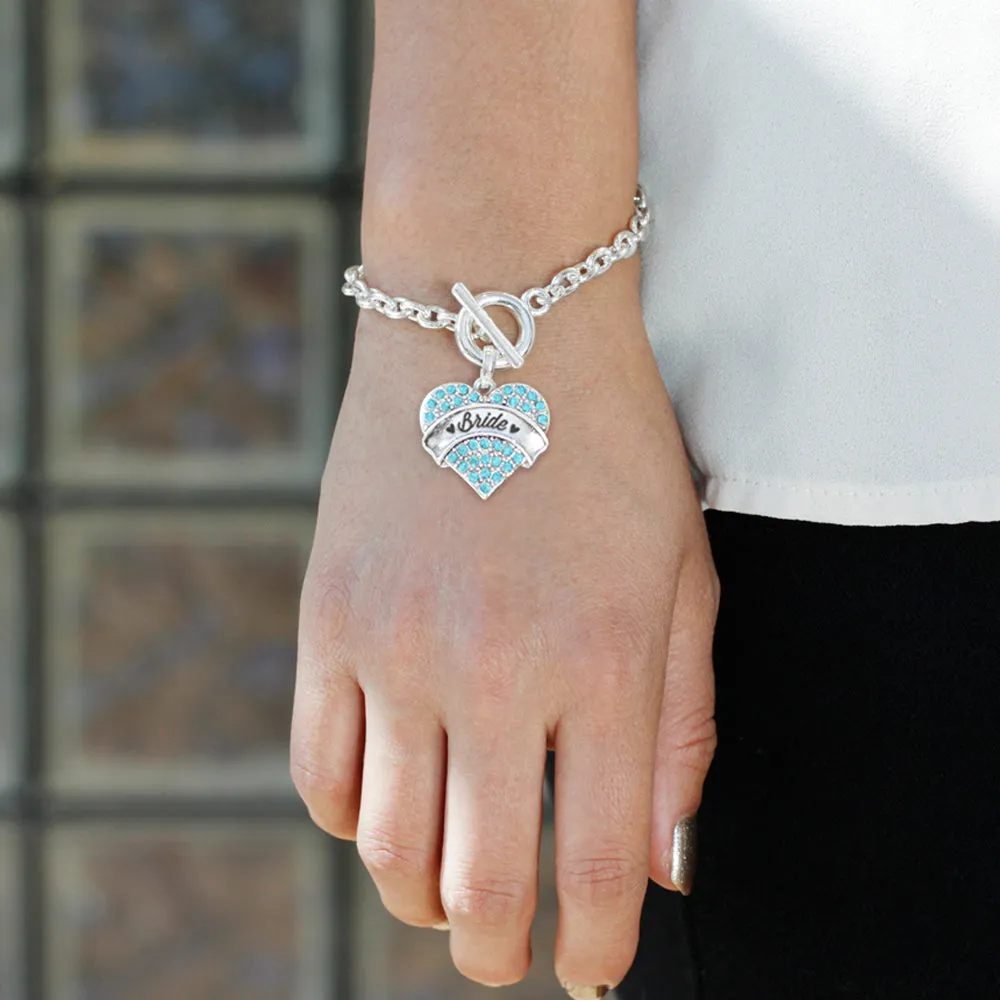 Silver Aqua Bride Aqua Pave Heart Charm Toggle Bracelet