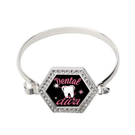 Silver Dental Diva Hexagon Charm Bangle Bracelet