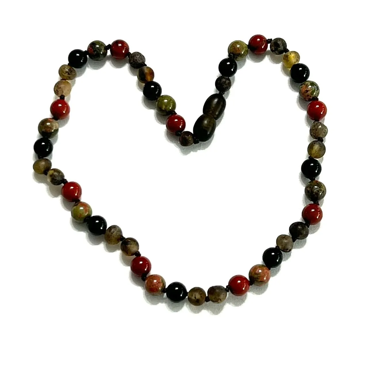 Teething necklace with Unakite, Obsidian, red jasper and green amber