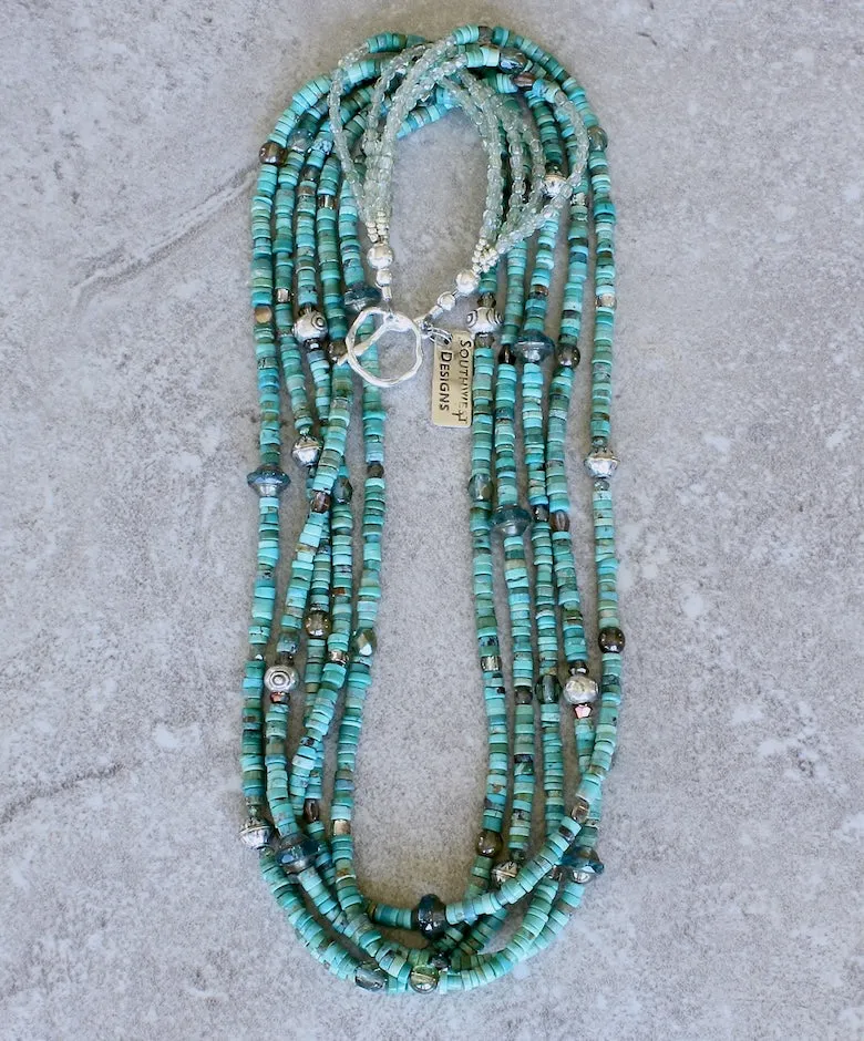 Turquoise Heishi 5-Strand Necklace with Blended Czech Glass and Sterling Silver Beads & Toggle Clasp