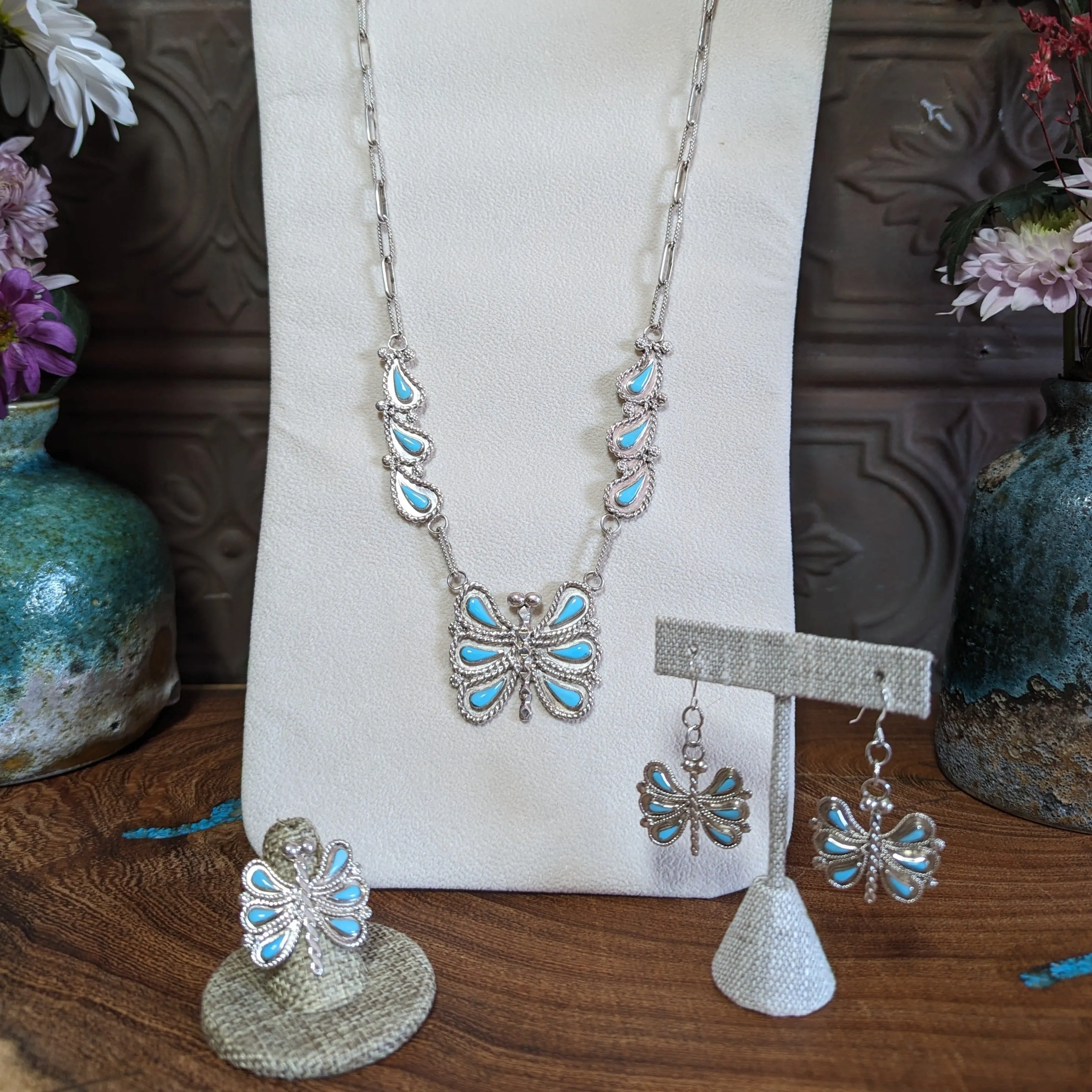 Zuni Made Sterling Silver & Turquoise Butterfly Pendant Set with Earrings & Ring GJ-JWS-0009